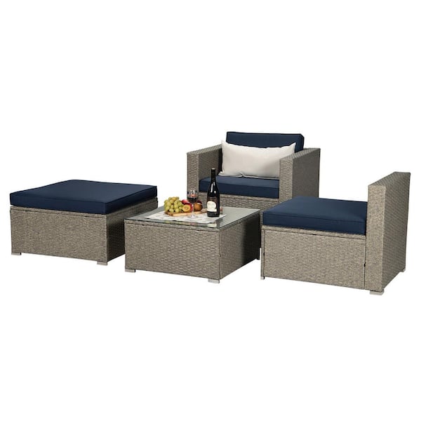 Maincraft 4-Piece Gray Wicker Patio Conversation Set with Navy Cushions