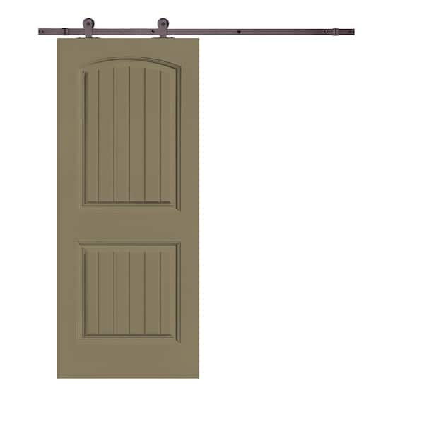 CALHOME Elegant Series 30 in. x 80 in. Olive Green Stained Composite MDF 2 Panel Camber Top Sliding Barn Door with Hardware Kit