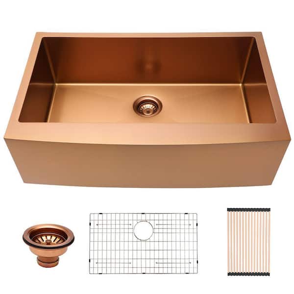 36 in. 16-Gauge Stainless Steel Single Bowl Farmhouse Apron Kitchen Sink in Rose Gold with Bottom Grid