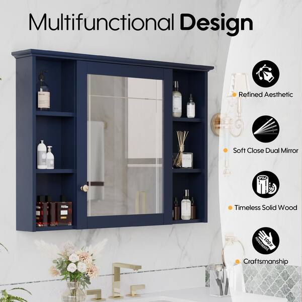 WELLFOR ART Solid Wood 42-in x 30-in Surface Mount Navy Blue Mirrored Soft Close Medicine Cabinet