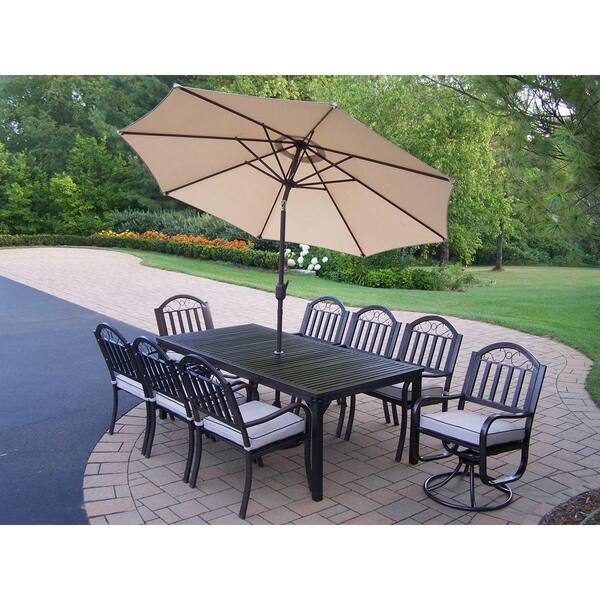 Oakland Living Rochester 9-Piece Patio Dining Set with Cushions and Beige Umbrella