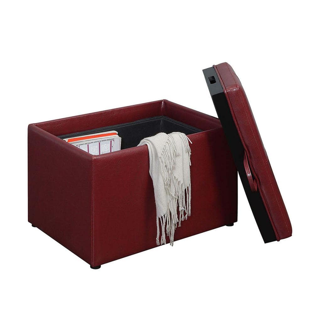 Burgundy Faux Leather 23" Modern Storage Ottoman with Tray