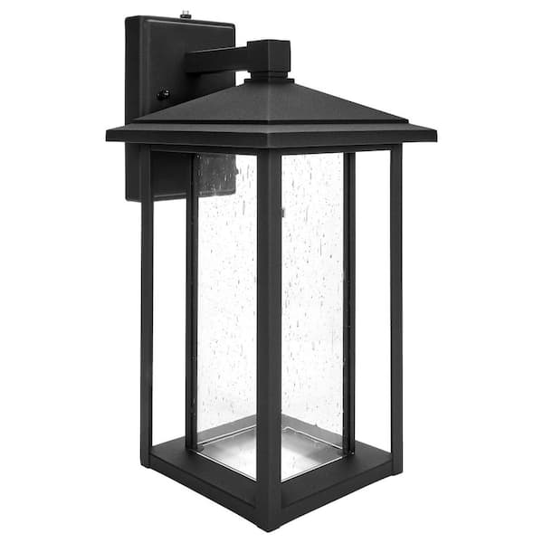 Maxxima 1-Light Black LED Outdoor Wall Lantern Sconce with Seeded Glass and Dusk to Dawn Sensor
