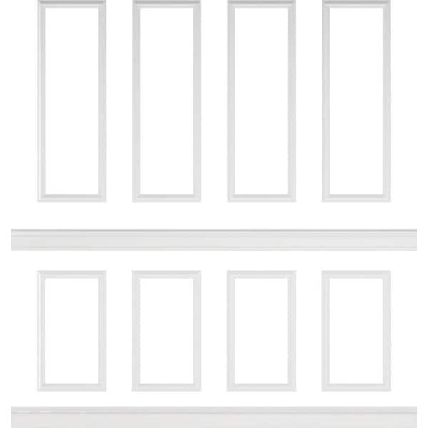 Ekena Millwork 94 1/2 in. (Adjustable 108 in. to 132 in.) 70 sq. ft. Polyurethane Ashford Square Panel Stacked Wall Wainscot Kit Primed