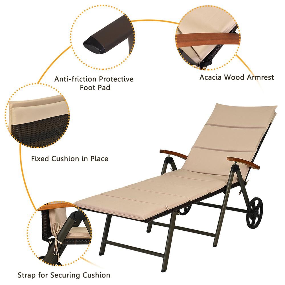 Beige Cushioned Folding Rattan Chaise Lounge with Aluminum Frame