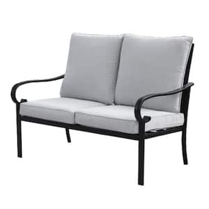 2-Piece Black Metal Patio Outdoor Loveseat with Gray Thick Cushions and Ottomans