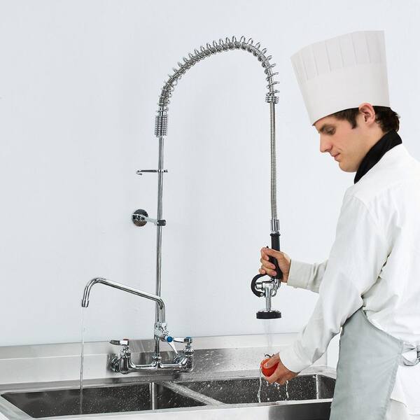 Commercial Faucet with Pre-Rinse Sprayer 47 in. Height 8 in. Center 12 in. Swing Spout Wall Mount Kitchen Sink Faucet