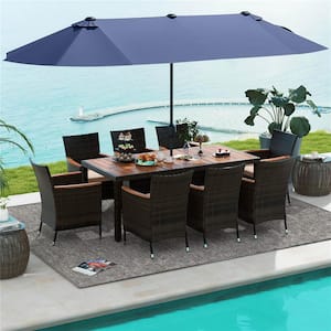 Brown 11-Piece Metal Rectangle 29 in. Outdoor Dining Set with 15 ft. Navy Double-Sided Patio Umbrella in Beige Cushion