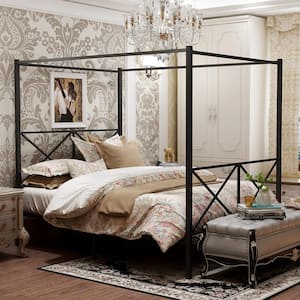 Black Queen Size Metal Canopy Platform Bed Frame with Headboard and Footboard