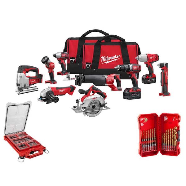 Milwaukee M18 18V Lithium-Ion Cordless Combo Kit (8-Tool) with (3) Batteries, Charger and (2) Tool Bags and Drill Bit Sets