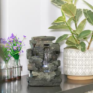 13 in. Tall Indoor 4-Tier Cascading Tabletop Fountain with LED Lights, Gray