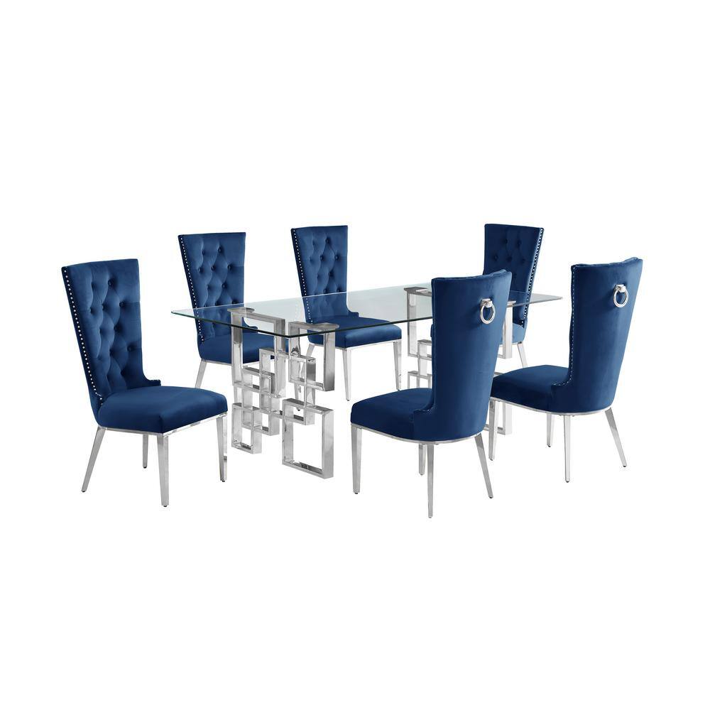 Navy Blue and Silver Glass Top Dining Set with 6 Chairs