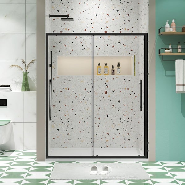 54 in. W x 72 in. H Sliding Semi-Frameless Shower Door in Matte Black Finish with Clear Tempered Glass