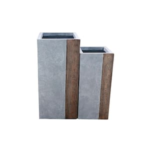 28 in. and 24 in. Tall Timber Ridge Lightweight Concrete Tall Modern Square Outdoor Planter Set