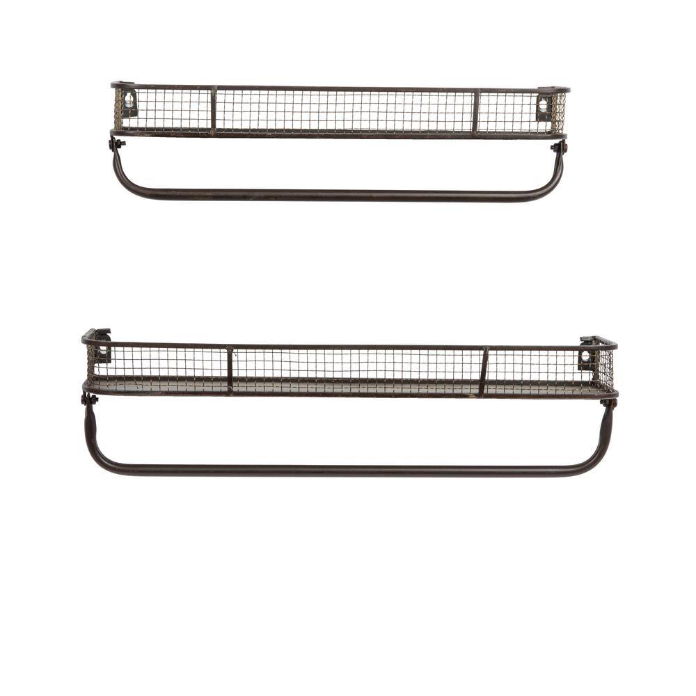 Gray Iron Floating Wall Shelves with Hanging Bar, Set of 2