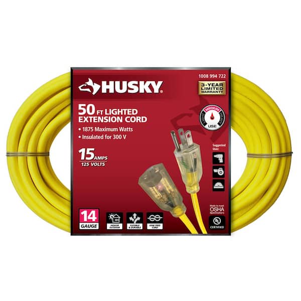 Husky 50 ft. 14/3 Medium Duty Indoor/Outdoor Extension Cord with Lighted End, Yellow