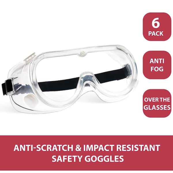 Clear Chemical Splash Resistant 4-Vent Safety Goggles, Anti-Fog and Anti-Scratch, Adjustable Fit Over Glasses (6-Pairs)
