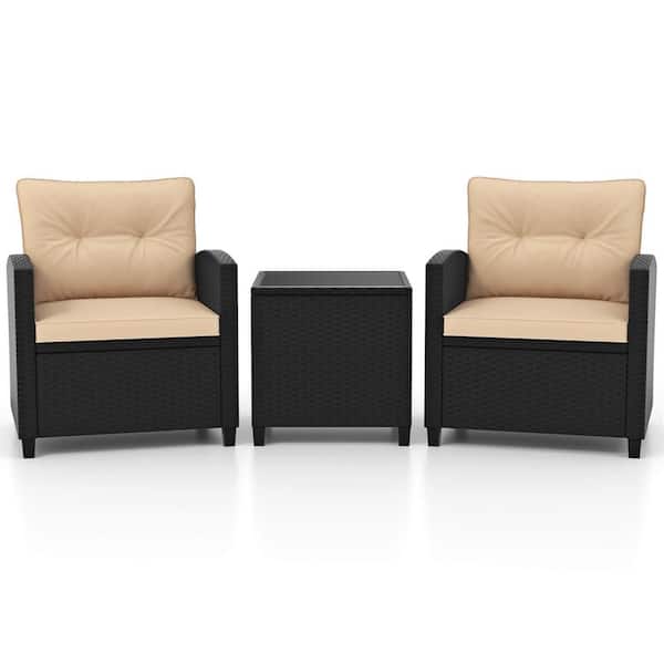 3-Piece Wicker Patio Conversation Set with Tempered Glass Coffee Table Washable Beige Cushions