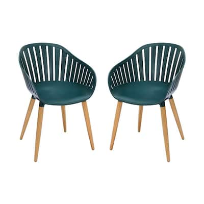 Nassau Green Stationary Plastic Outdoor Dining Chair with Eucalyptus Legs (Set of 2)