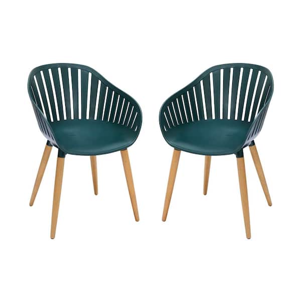 Armen Living Nassau Green Stationary Plastic Outdoor Dining Chair with Eucalyptus Legs (Set of 2)