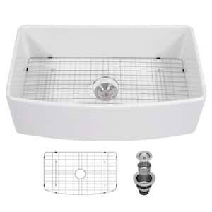 33 in. W x 20 in. D Farmhouse Apron Front Single Bowl White Ceramic Kitchen Sink with Bottom Grid and Strainer