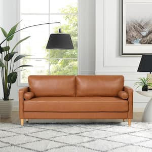 Lillith 75.6 in. Square Arm Faux Leather Mid-Century Modern Rectangle Sofa in Caramel Brown