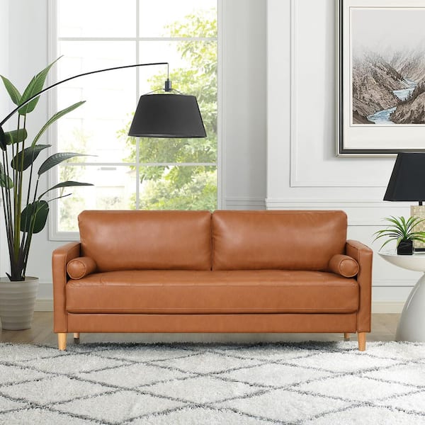 Lifestyle Solutions Lillith 75.6 in. Square Arm Faux Leather Mid-Century Modern Sofa in Caramel Brown