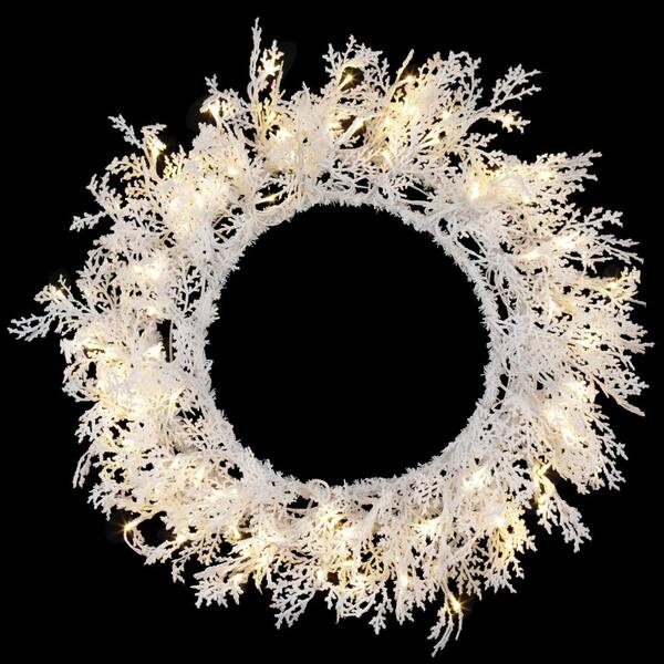 Home Accents Holiday 30 in. Pre-Lit LED Winter Crest White Flocked Artificial Christmas Wreath, 60 tips and 100 Micro-Dot Warm White Lights