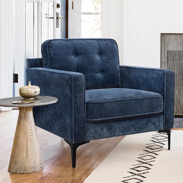 LUE BONA Navy Blue Fabric Upholstered Single Sofa Chair Modern Accent Armchair with Black Metal Legs