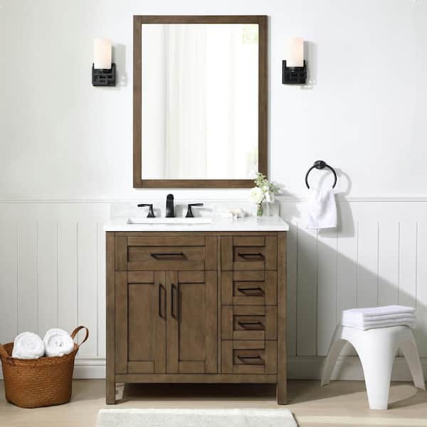OVE Decors Tahoe 36 in. Single Sink Almond Latte Bath Vanity with White Engineered Stone Top and Mirror (Assembled)