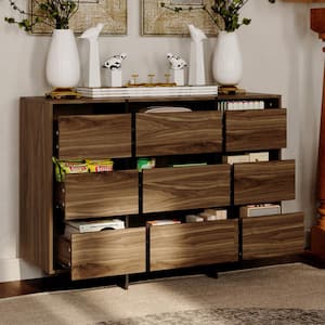 28.3 in. H Brown Wood Storage Cabinet with 9-Drawers, Wood Grain Finish