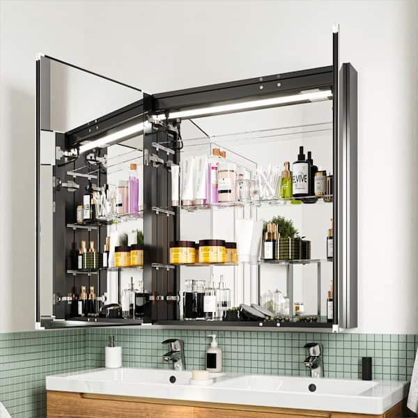 30 in. W x 36 in. H Rectangular Black Aluminum Recessed/Surface Mount Medicine Cabinet with LED Mirror