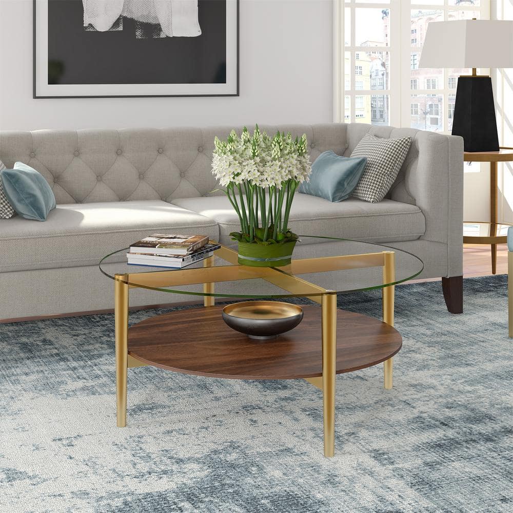 Mid-Century Gold & Walnut 36" Round Coffee Table with Glass Top