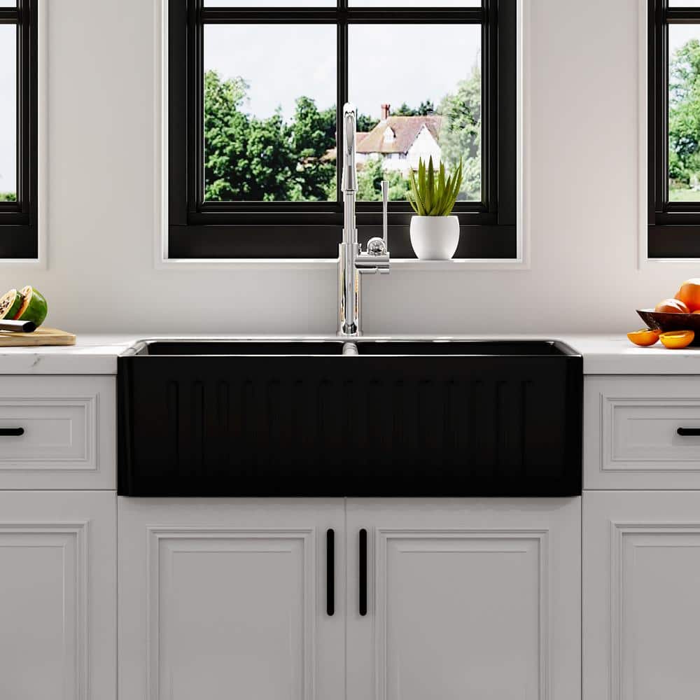 Matte Black Double Basin Fireclay Farmhouse Sink with Drainboard