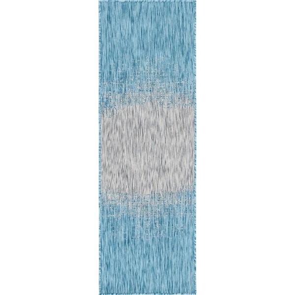 Unique Loom Aqua Blue Ombre Outdoor 2 ft. x 6 ft. Runner Rug