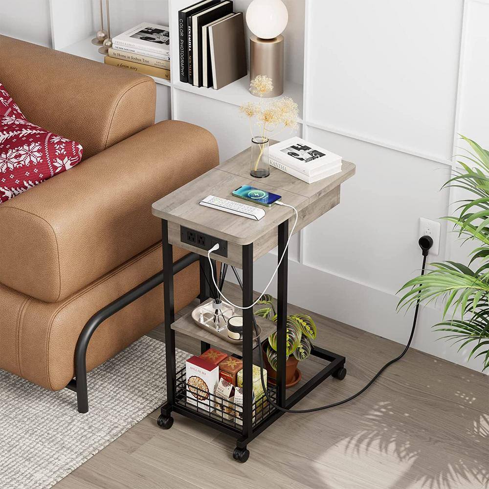 AndMakers 23.62 in. Grey C-Shape Rectangle Wood Top End Table with Charging  Station IH-0V38BE13 The Home Depot