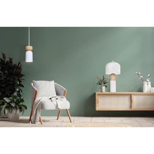 Caleb 19 in. Matte White and Faux Wood Table Lamp with Matte White Metal Shade and Line Switch Lighting
