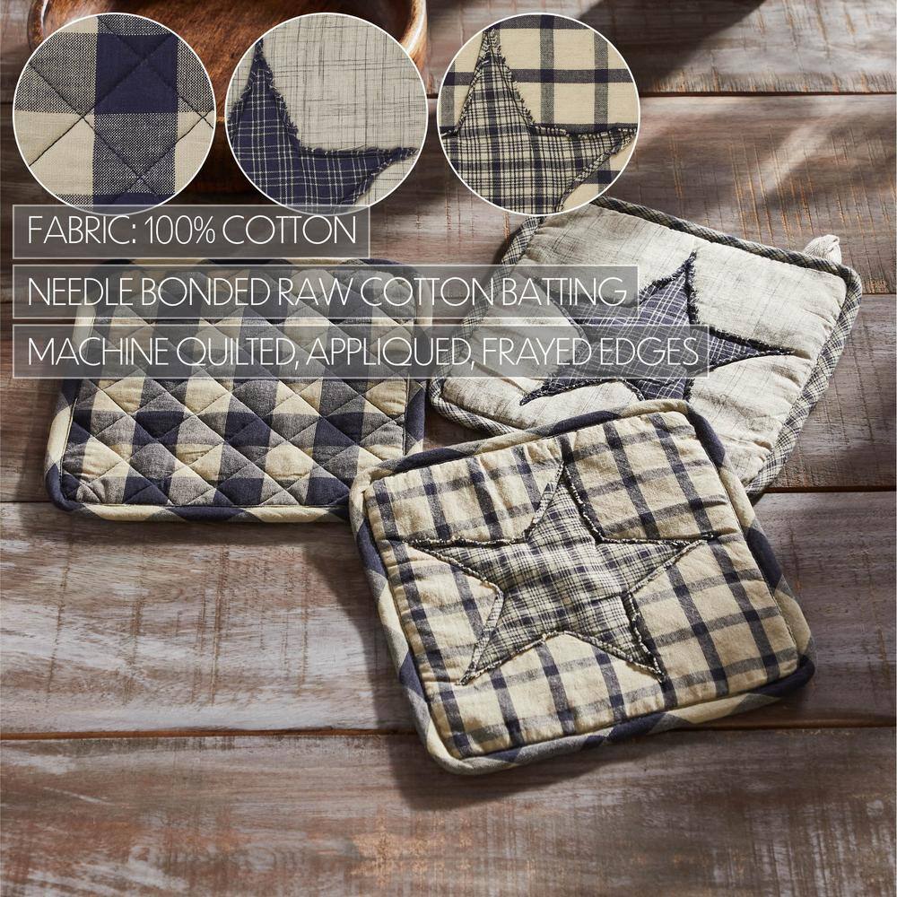 Navy and Tan Patchwork Cotton Pot Holder Set of 3