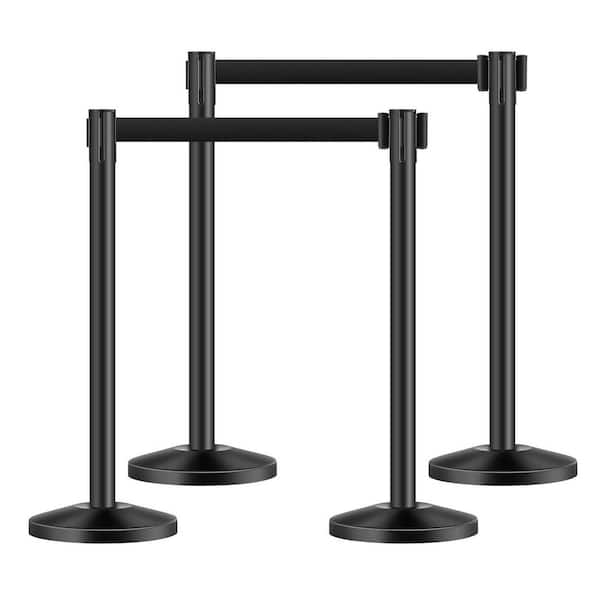 Stanchion Post, 4 Pcs Stanchions with Retractable Belts, Carbon Steel Black Stanchions Queue, Sand Injection Hollow Base
