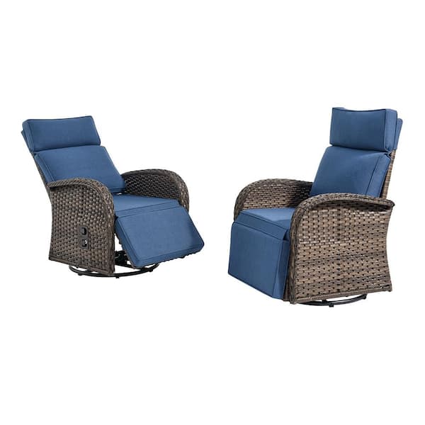 Comfort Series Brown Wicker Outdoor Versatile Pneumatic Swivel Lounge Chair for Patio with CushionGuard Blue Cushions