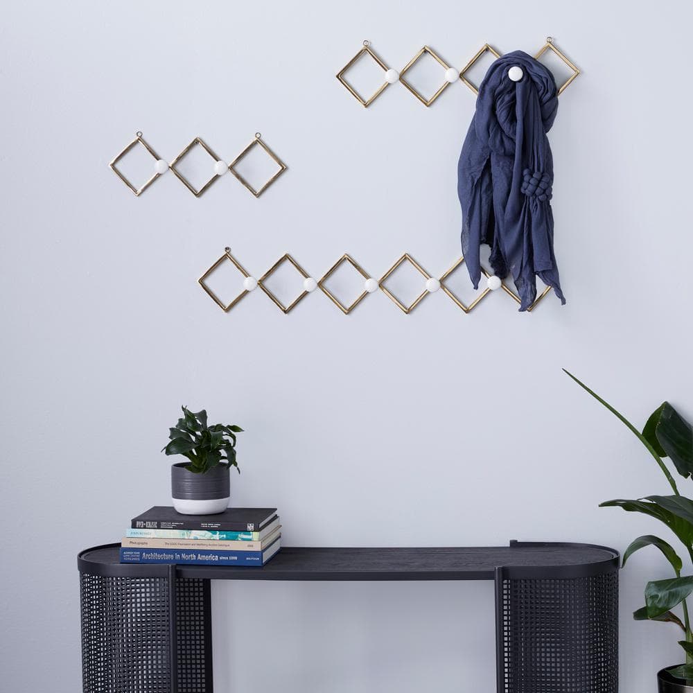 Gold Metal and White Ceramic Glam Wall Hook Set, 33.15 inches