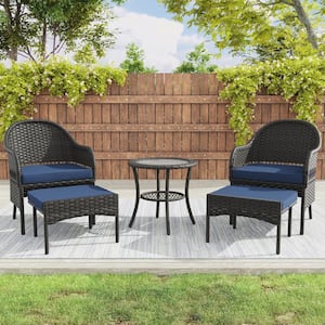 5-Piece Wicker Outdoor Patio Conversation Lounge Chair Set with Blue Cushions, Ottomans and Side Table