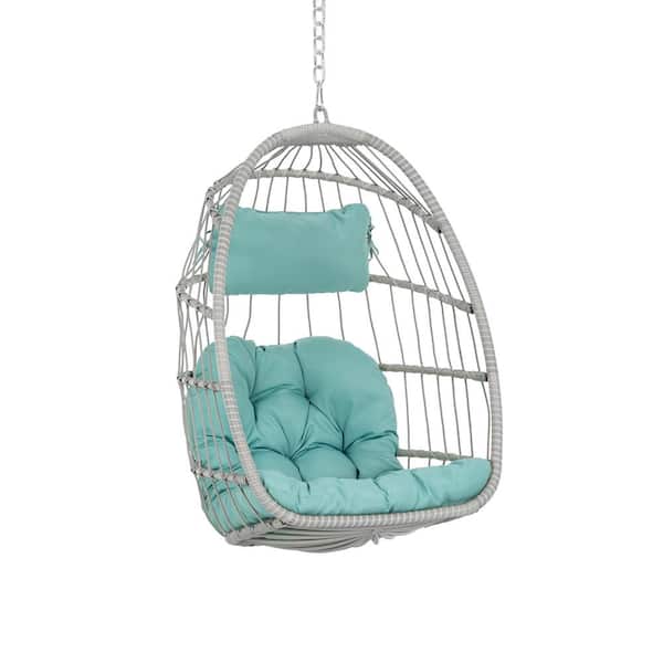 Brafab 3.44 ft. Wicker Patio Outdoor Hanging Egg Chair Hammock with Light Blue Cushions