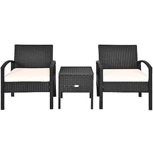 3-Pieces PE Rattan Wicker Patio Conversation Sofa Set With Off White Cushions