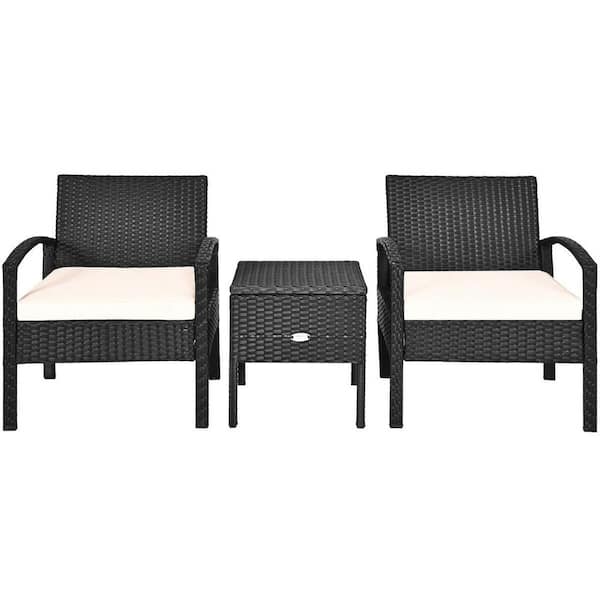 Unbranded 3-Pieces PE Rattan Wicker Patio Conversation Sofa Set With Off White Cushions