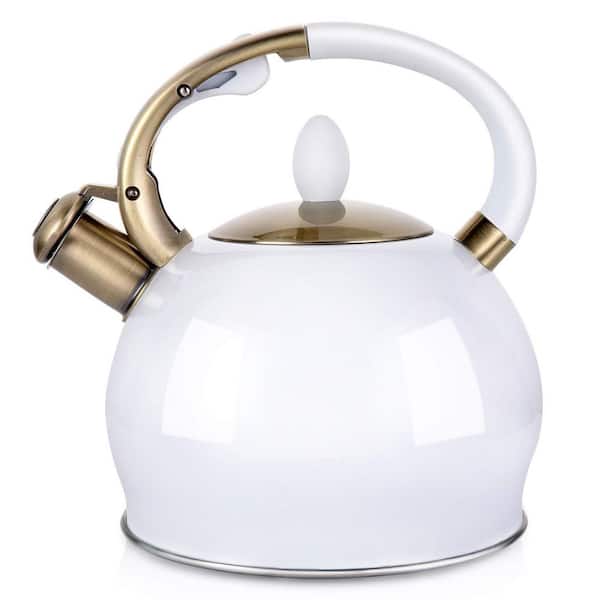 1-Cup 2.64 qt. Stove Top Whistling Tea Kettle, Stainless Steel Teapot with Cool Touch Handle and Silicone Mitt, White