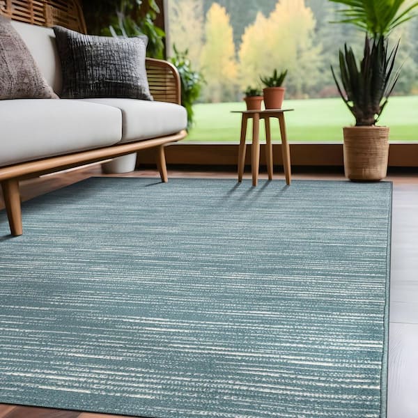 Linea Teal 5 ft. x 7 ft. Rubber Back Washable Modern Striped Indoor Outdoor Patio Area Rug