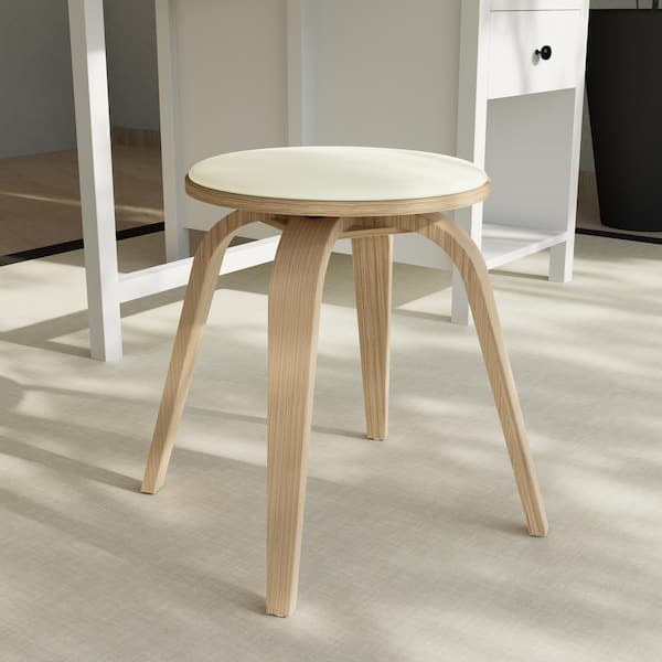 18 in. Counter Height Stool in Leather with Poplar Wood Legs and Iron Footrest 360 Swivel Seat in Washed Walnut/Taupe