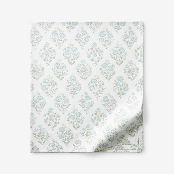 The Company Store Company Cotton Mariel Bouquet Sea Blue Cotton Percale Full Flat Sheet