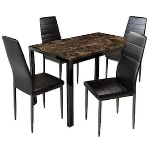 Rue Mid-Century Modern 5-Piece Rectangle Marble Brown Faux Marble Top Dining Room Set with Faux Leather Chairs Seats 4